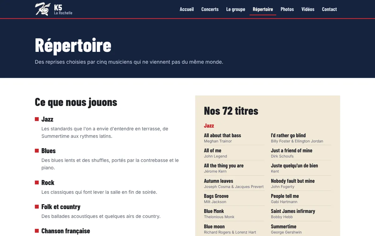 Le répertoire, classé par style